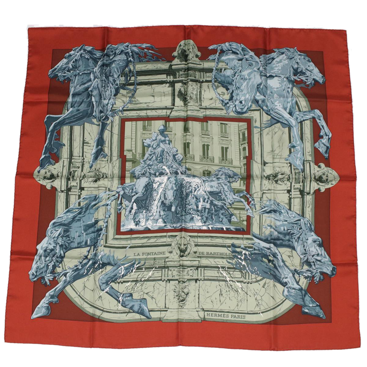 Hermes Carre 90 Scarf ""La Fontaine De Bartholdi"" Silk Red Auth Bs6382